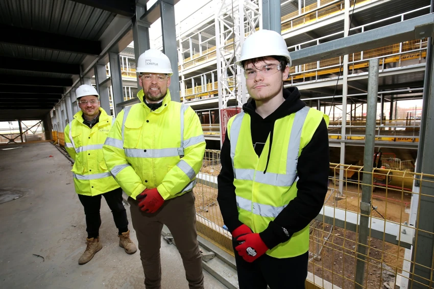 Castle site manager, Micheal Davidson with Castle project manager, Matt Keating and South Tyneside College student, Ryan Ford.