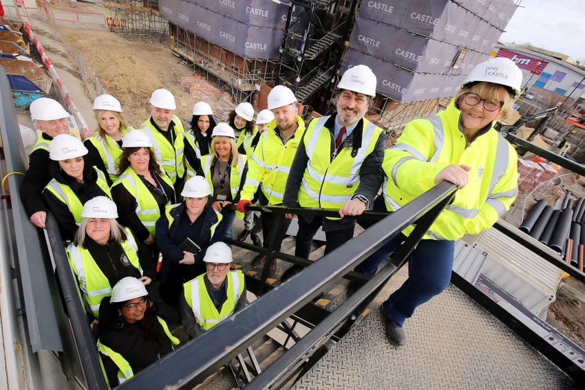 On the stairway, Cllr Tracey Dixon, leader of South Tyneside Council, Neil Bowen, Head of STEM and Green Initiatives for South Tyneside College and Chris Meadowcroft, operations director at Castle, with members of the South Tyneside Pledge.