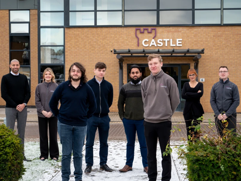 Back row (left to right) PlanBEE mentors at Castle, Richard Flynn, pre construction director, Megan Groom, building services engineer, Katie Hudson, pre construction assistant and Dillon Tait, electrical estimator. Foreground (left to right) Ryan Taylor,