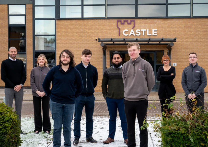 Back row (left to right) PlanBEE mentors at Castle, Richard Flynn, pre construction director, Megan Groom, building services engineer, Katie Hudson, pre construction assistant and Dillon Tait, electrical estimator. Foreground (left to right) Ryan Taylor,